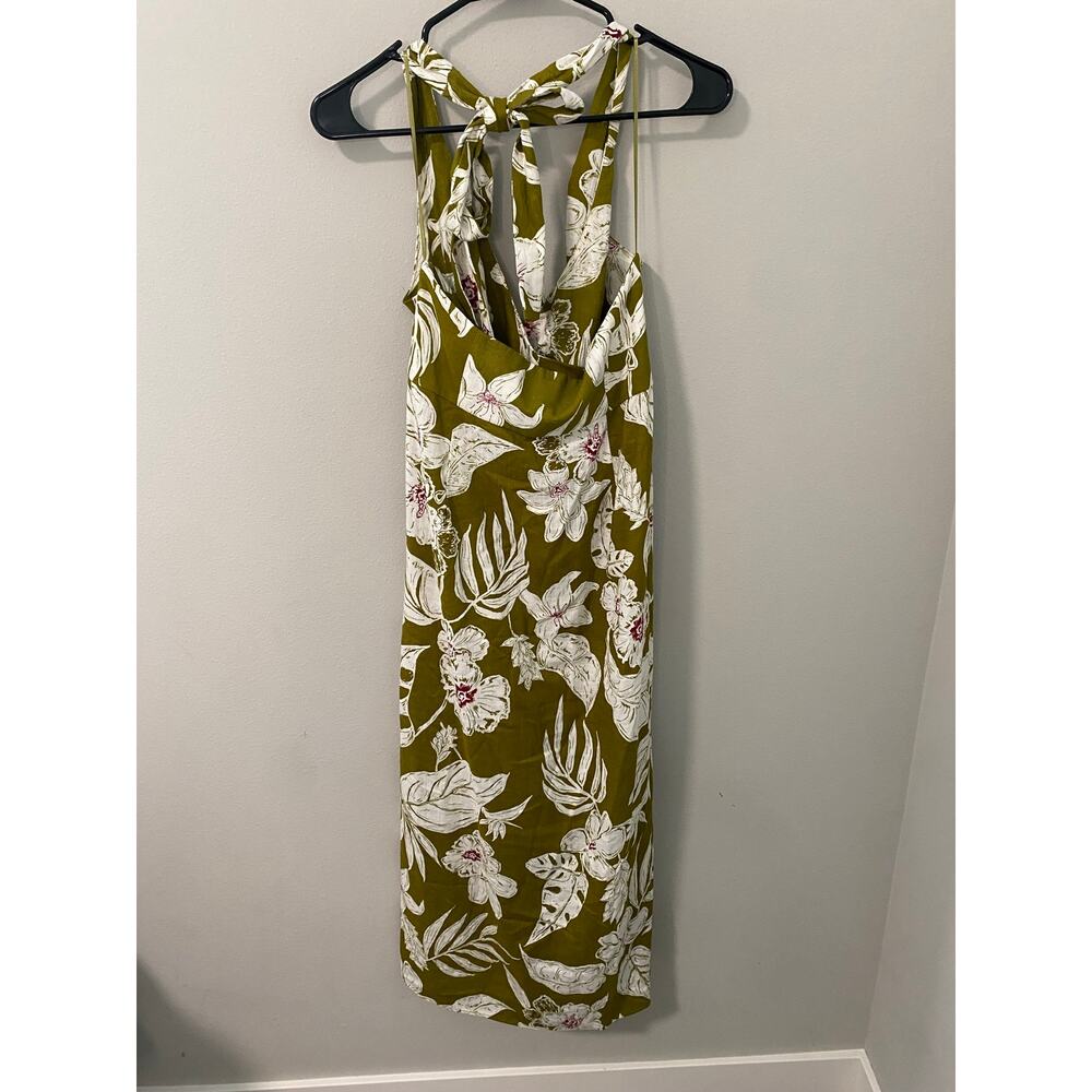 NWT Zara Tropical Floral Halter Midi Dress Olive Green Size Medium - Picture 3 of 4
